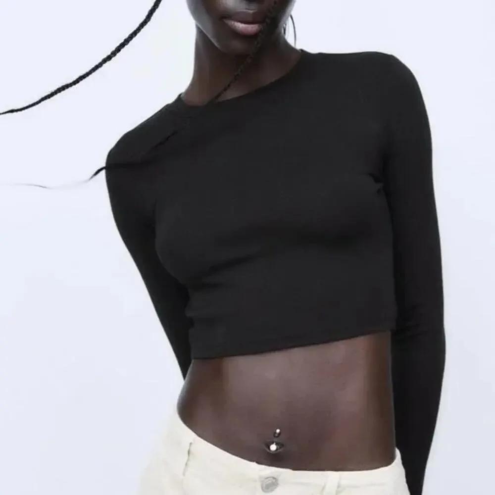Copied - Zara Long Sleeve Black Crop Top Cotton Blend Crewneck Pullover Size S